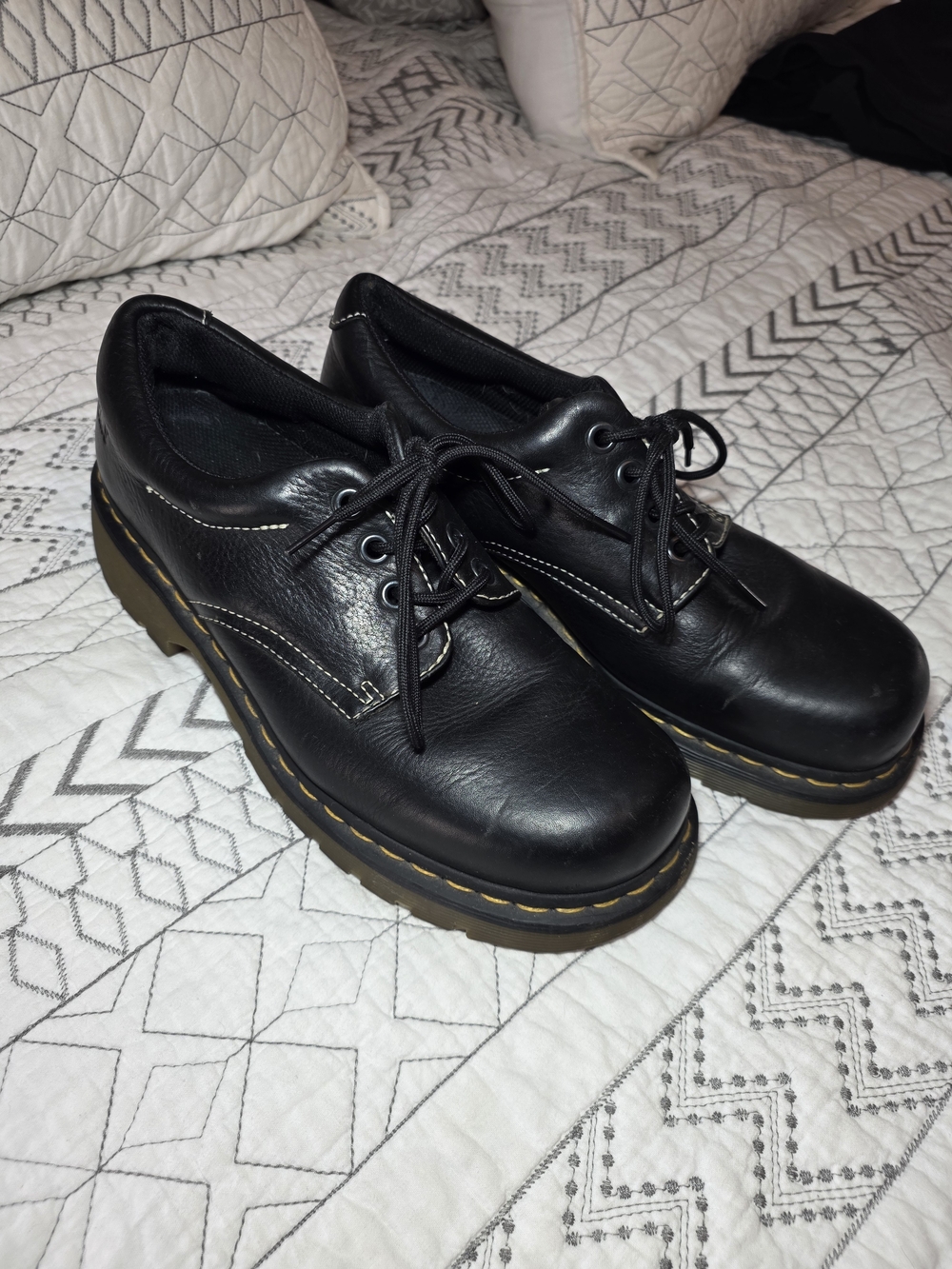 Dr. Martens Black Leather Lace-Up Oxfords with Yellow Stitching